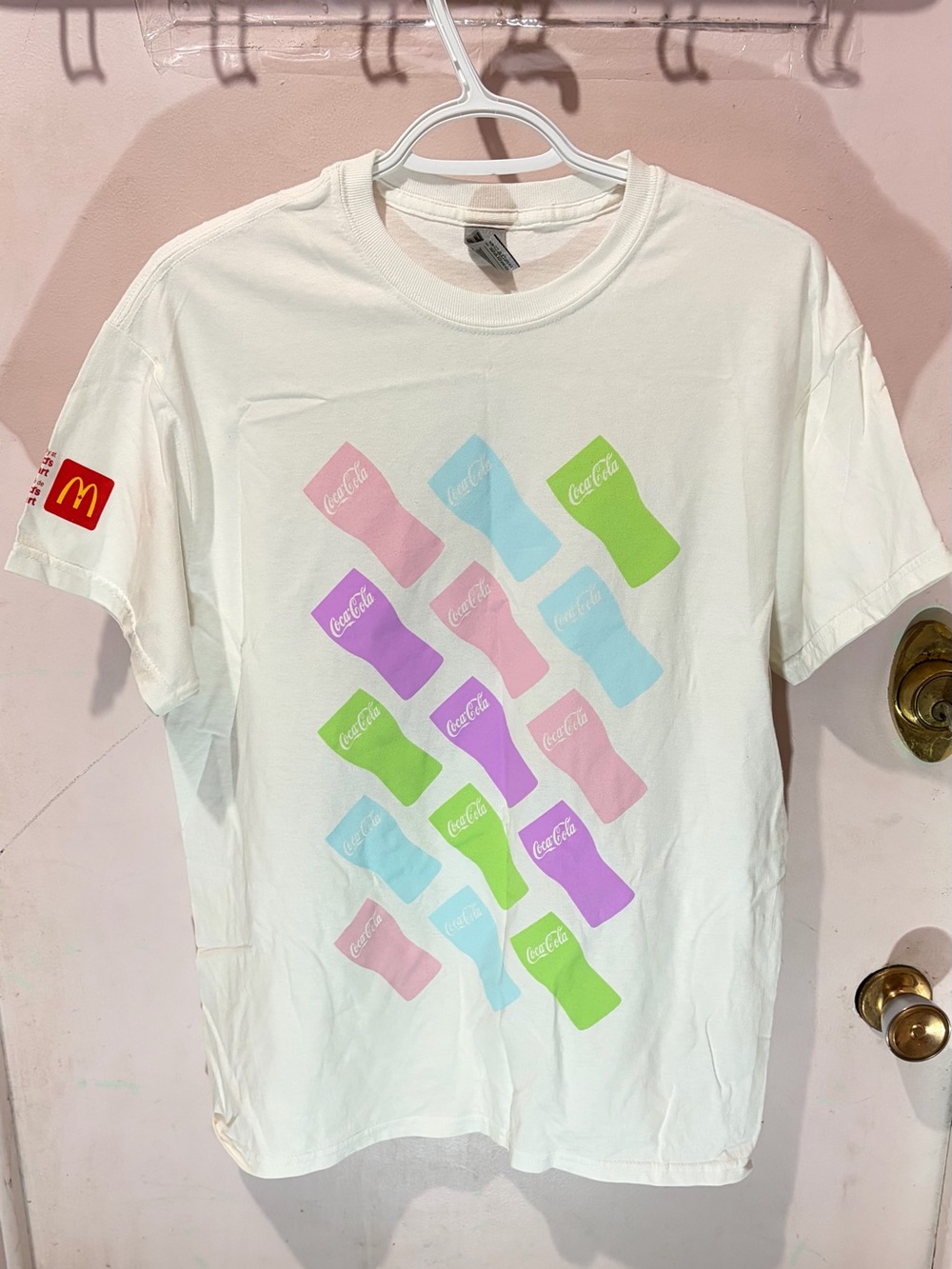 McDonald's White Tee with Pastel Pink Blue Green Purple Bottle Graphic